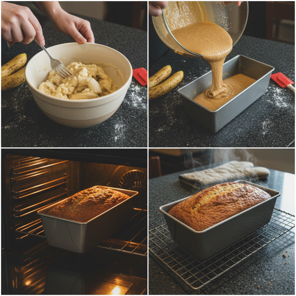 Mixing batter for super moist banana bread in a bowl.