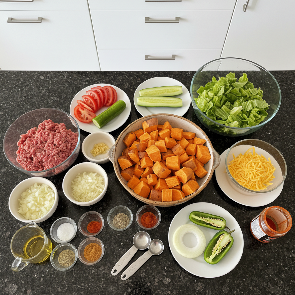 Fresh ingredients for a Sweet Potato Bowl Recipe.