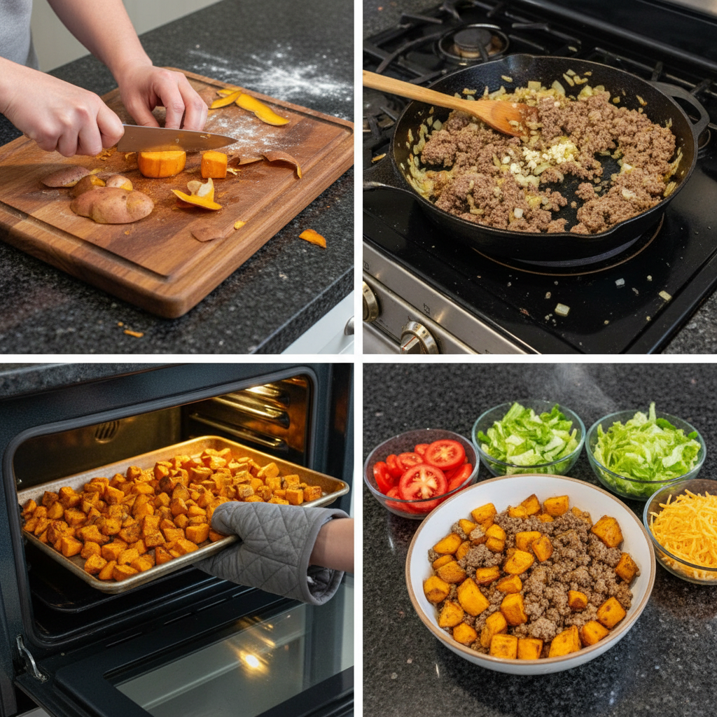 Preparing the Sweet Potato Bowl Recipe components.
