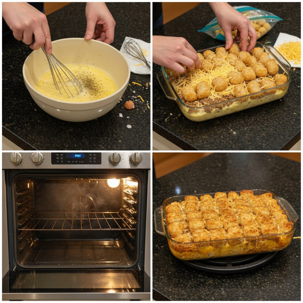 Assembling the tater tot sausage breakfast casserole in a baking dish.