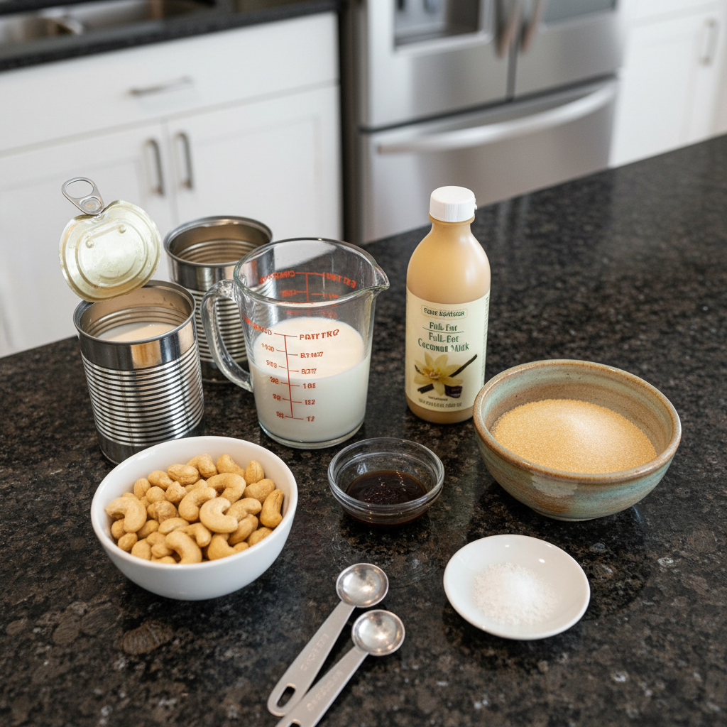 Assortment of ingredients for preparing homemade vegan ice cream.