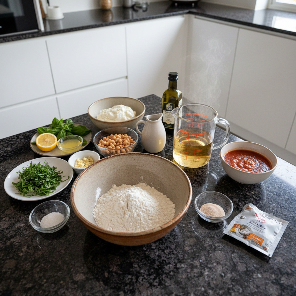 Fresh vegan pizza ingredients: vegetables, dough, sauce, and dairy-free cheese.