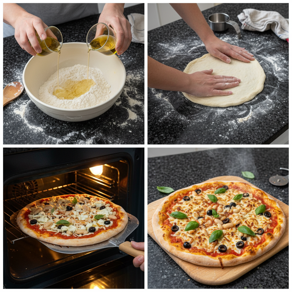 Step-by-step photos show how to prep vegan pizza before baking.