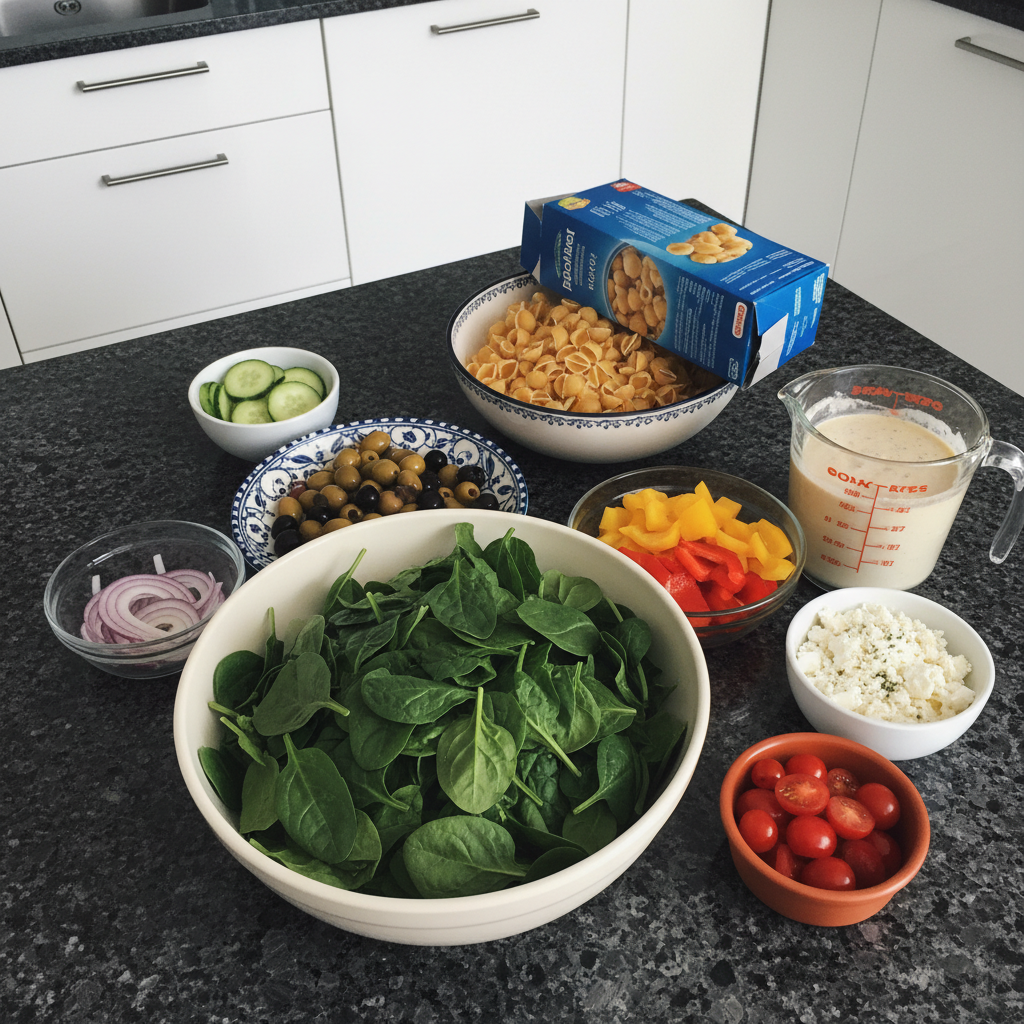 Fresh ingredients for making a delicious vegetarian pasta salad recipe.
