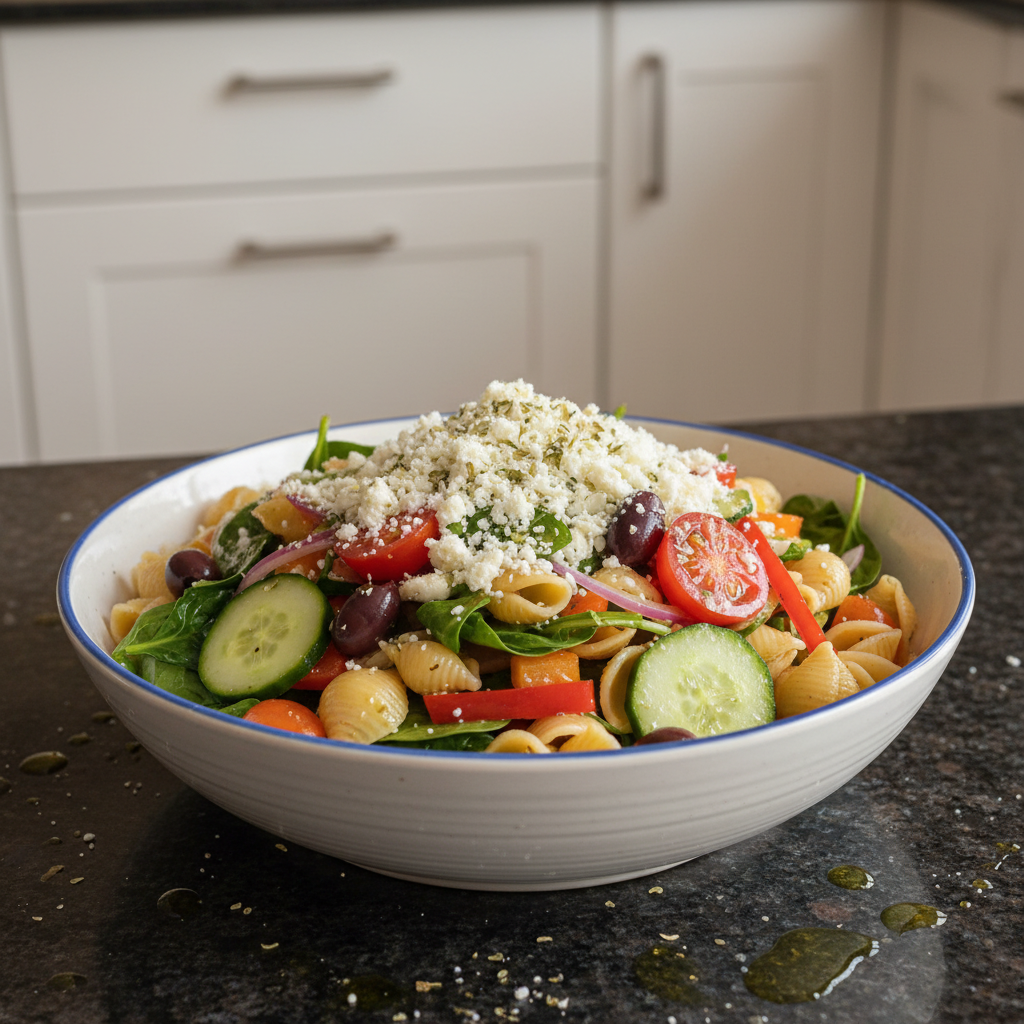 Colorful vegetarian pasta salad with fresh vegetables and a tangy dressing.