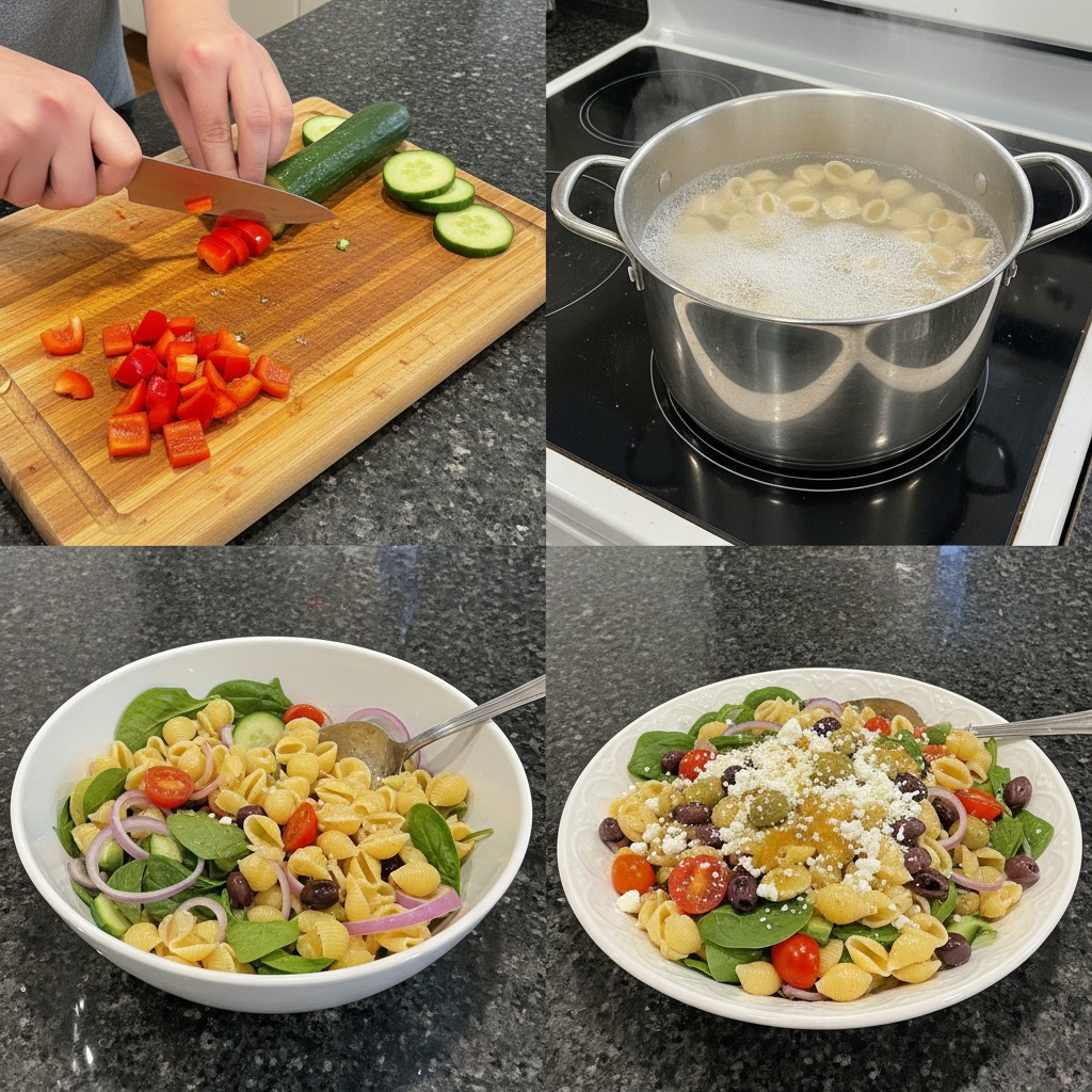 Step-by-step preparation of a simple vegetarian pasta salad.