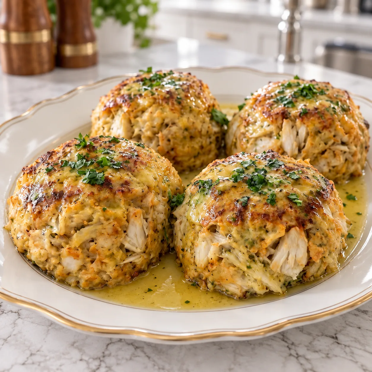 Buttery Jumbo Lump Crab Cakes 3 Four buttery jumbo lump crab cakes with lightly golden tops and parsley on a cream serving plate