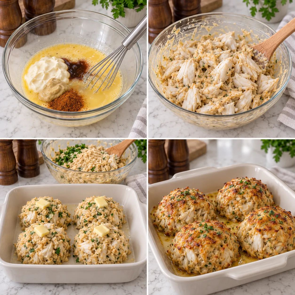 Buttery Jumbo Lump Crab Cakes 2 Four steps showing the crab cake binder, folded jumbo crab, shaped mounds, and golden baked crab cakes