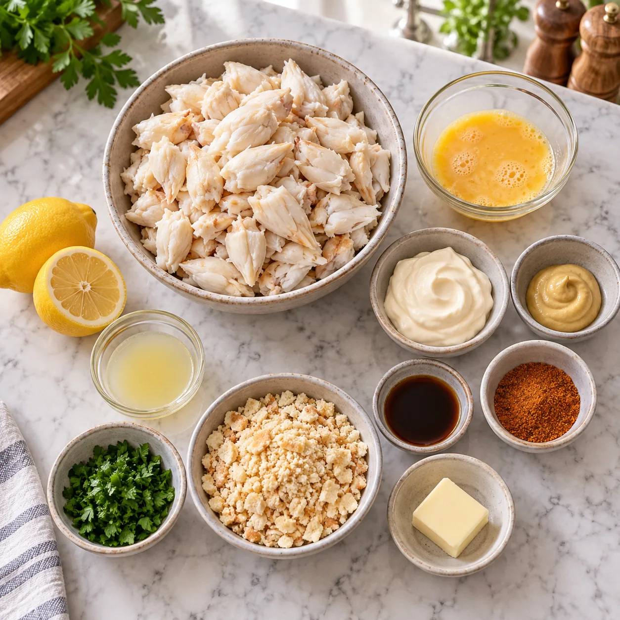Buttery Jumbo Lump Crab Cakes 1 Jumbo lump crab meat, egg, mayonnaise, Dijon, Worcestershire sauce, Old Bay, lemon, crackers, parsley, and butter