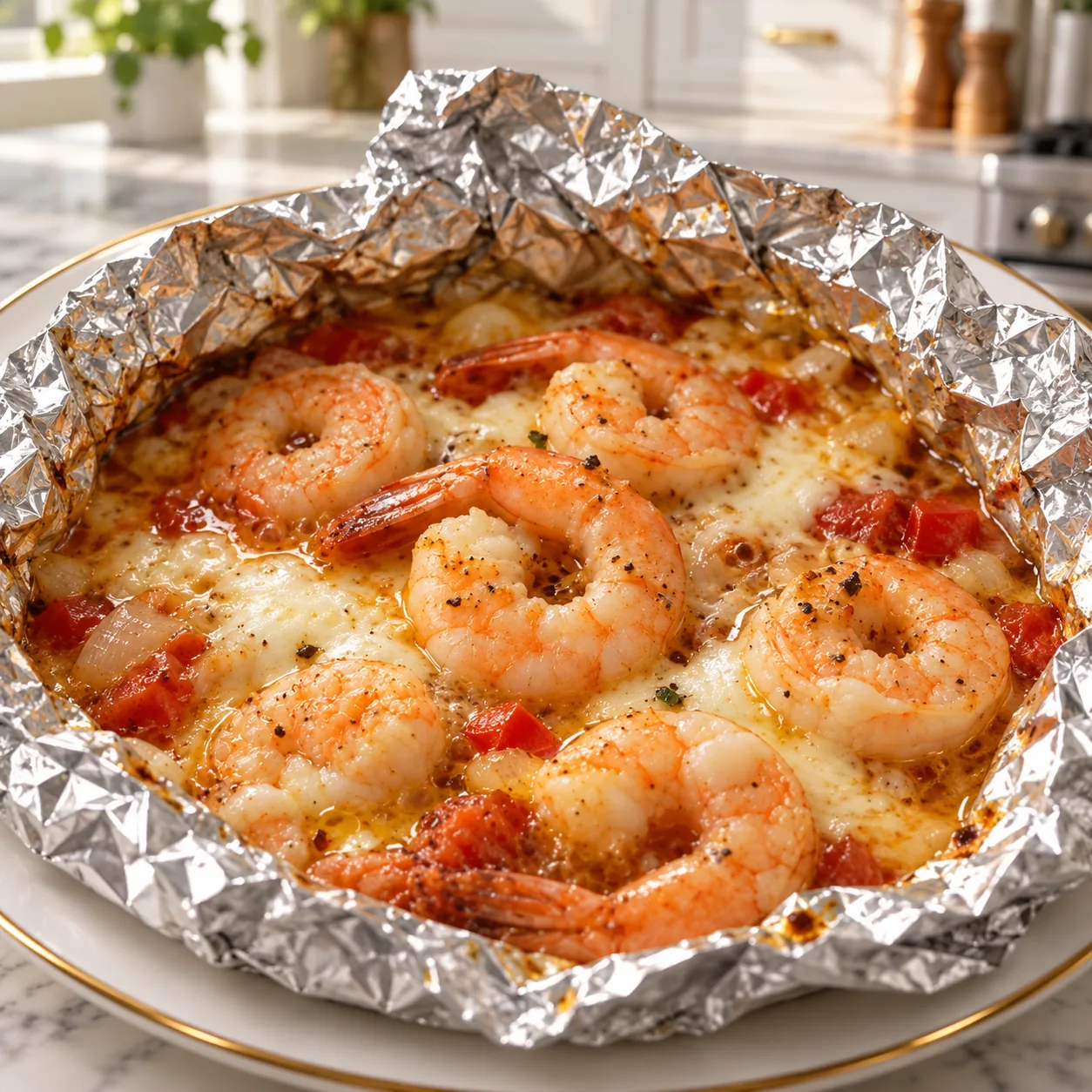 Cheesy Garlic Butter Shrimp Foil Packets 3 Cheesy garlic butter shrimp foil packet with melted mozzarella, tomatoes, onion, and red bell pepper
