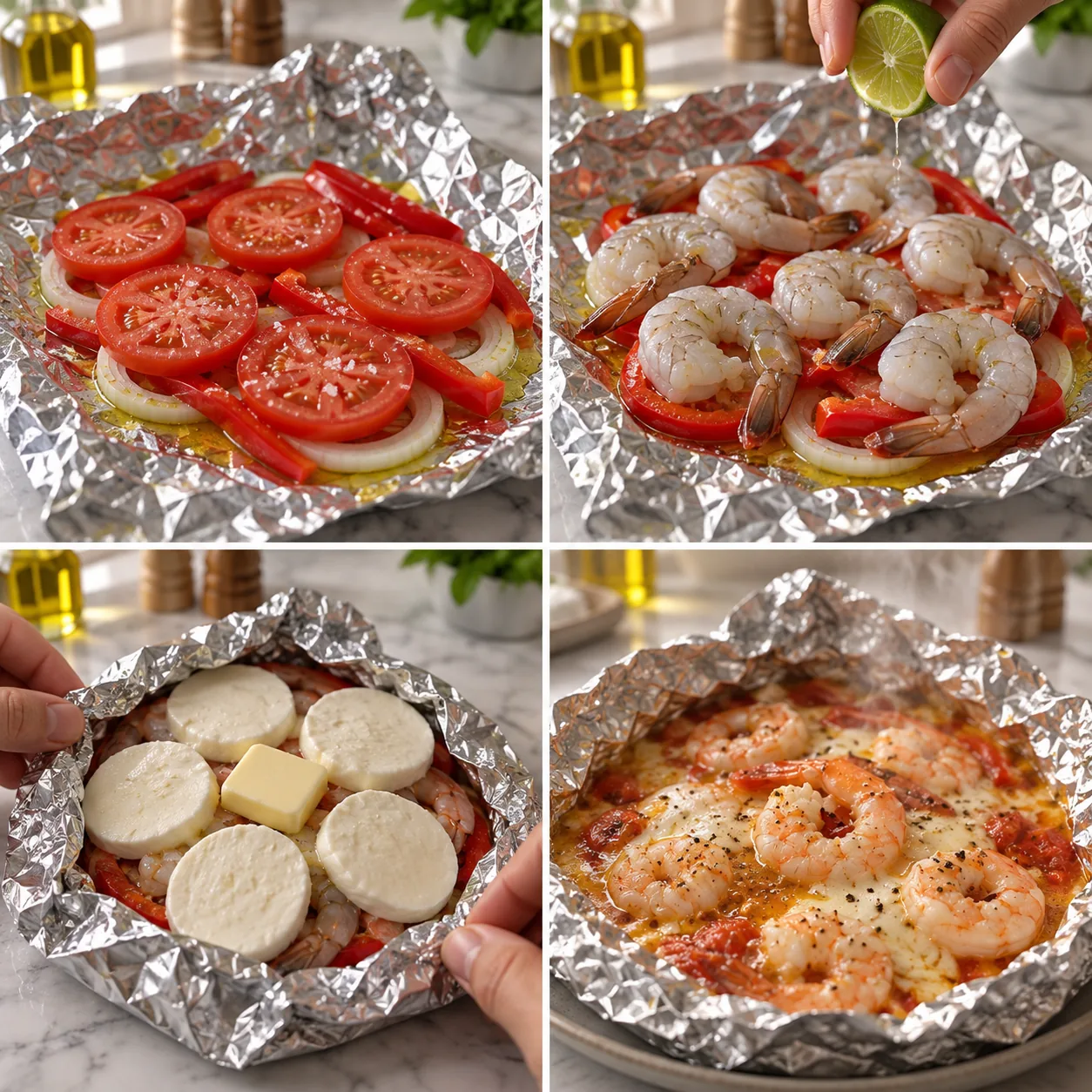 Cheesy Garlic Butter Shrimp Foil Packets 2 Four cooking stages for cheesy garlic butter shrimp foil packets from layered vegetables to the opened cooked packet