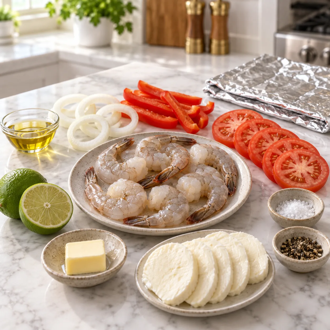 Cheesy Garlic Butter Shrimp Foil Packets 1 Raw shrimp, onion rings, red bell pepper, tomato, lime, butter, mozzarella, olive oil, salt, and black pepper for foil packets