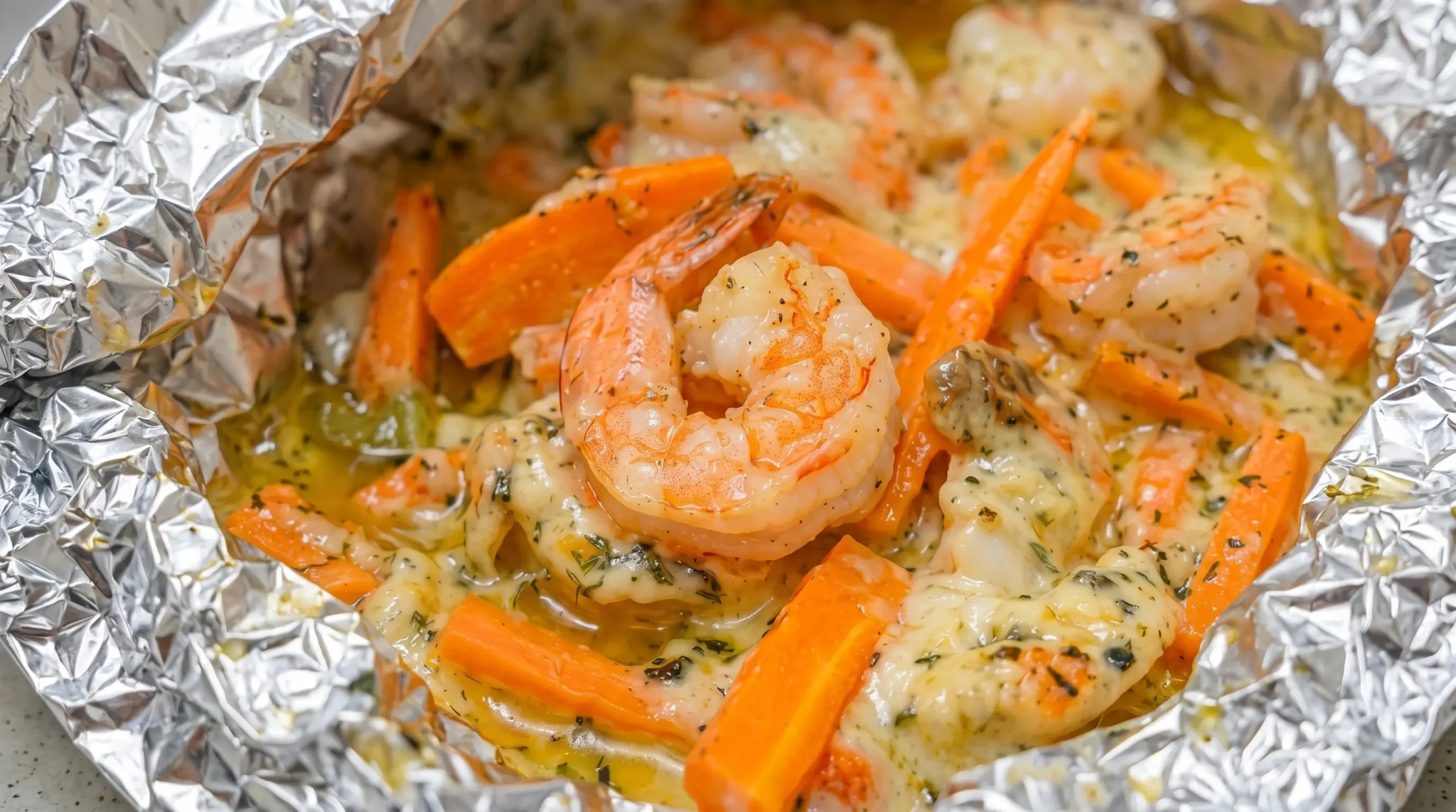 A close-up of cheesy garlic shrimp and vegetable foil packets featuring juicy shrimp, tender carrots, melted cheese, and a flavorful garlic butter sauce. This easy foil packet recipe is perfect for a delicious weeknight dinner with minimal cleanup.