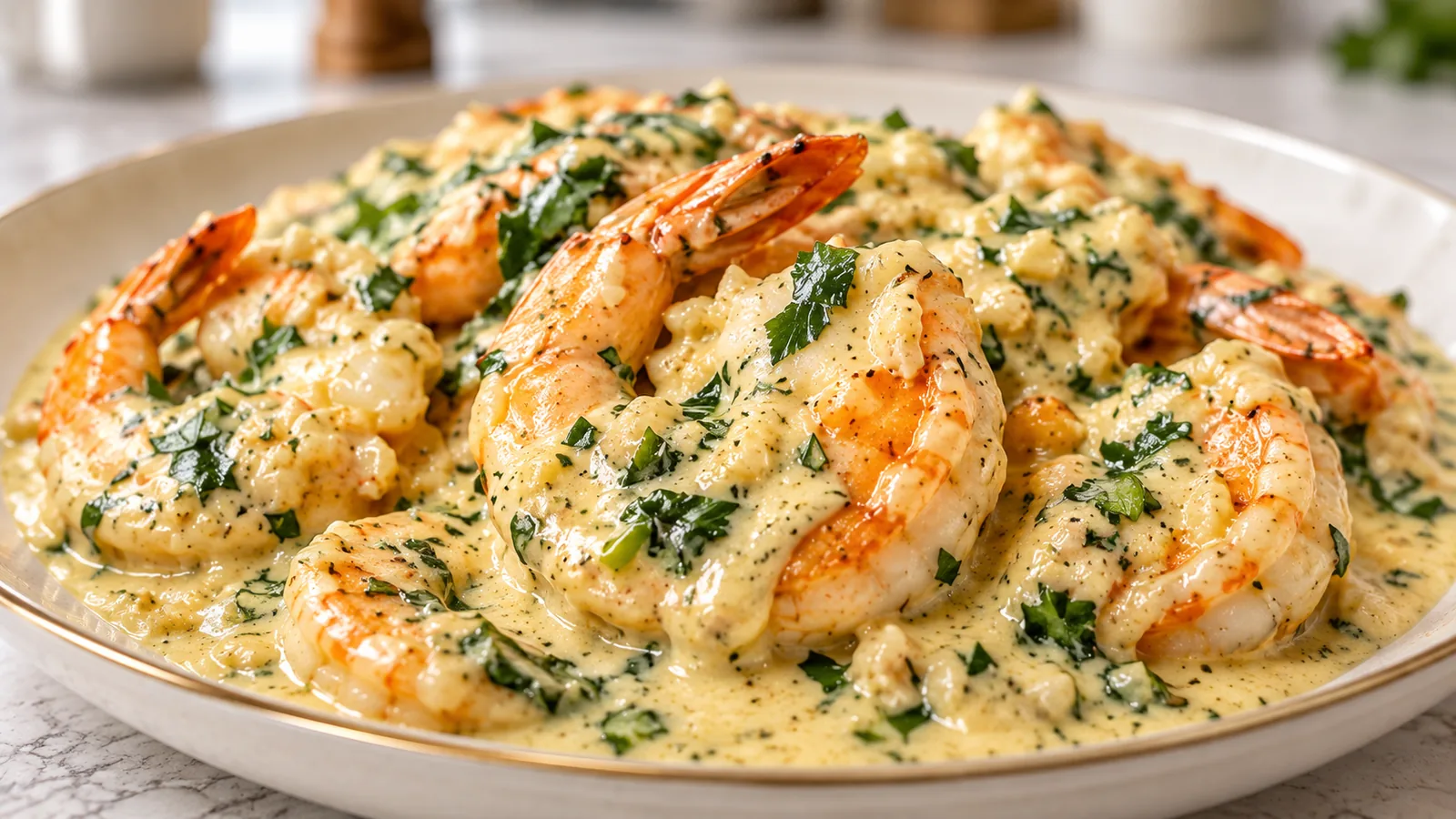Creamy Garlic Parmesan Shrimp 3 Close-up of creamy garlic Parmesan shrimp coated in a silky herb sauce