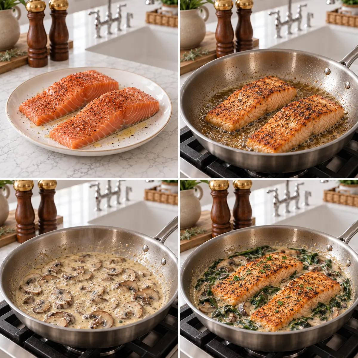 Creamy Garlic Salmon with Spinach and Mushrooms 2 Four cooking stages for creamy garlic salmon from seasoned fillets to salmon in spinach mushroom sauce