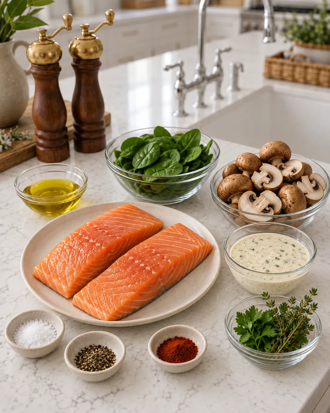 Creamy Garlic Salmon with Spinach and Mushrooms 1 Ingredients for creamy garlic salmon including salmon, mushrooms, spinach, herbs, paprika, seasonings, olive oil, and creamy garlic sauce