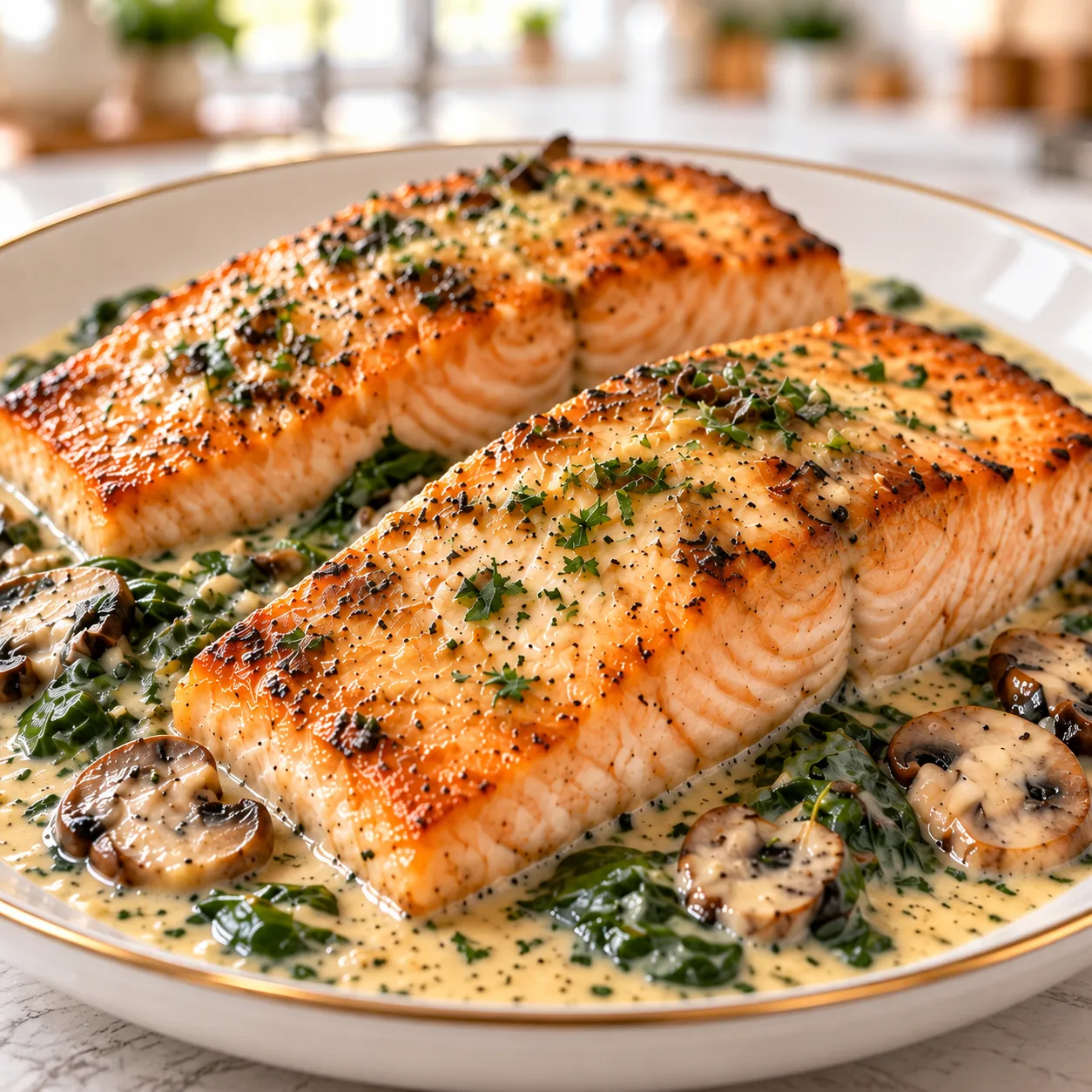 Creamy Garlic Salmon with Spinach and Mushrooms 3 Close-up of creamy garlic salmon with spinach and mushrooms