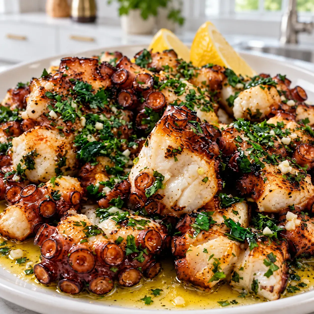 Garlic Butter Octopus Bites 3 Golden garlic butter octopus bites with parsley and lemon wedges on a light ceramic plate