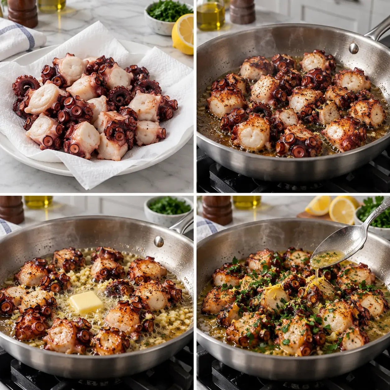 Garlic Butter Octopus Bites 2 Four cooking stages showing dried octopus, skillet searing, garlic butter, and the finished lemon herb sauce