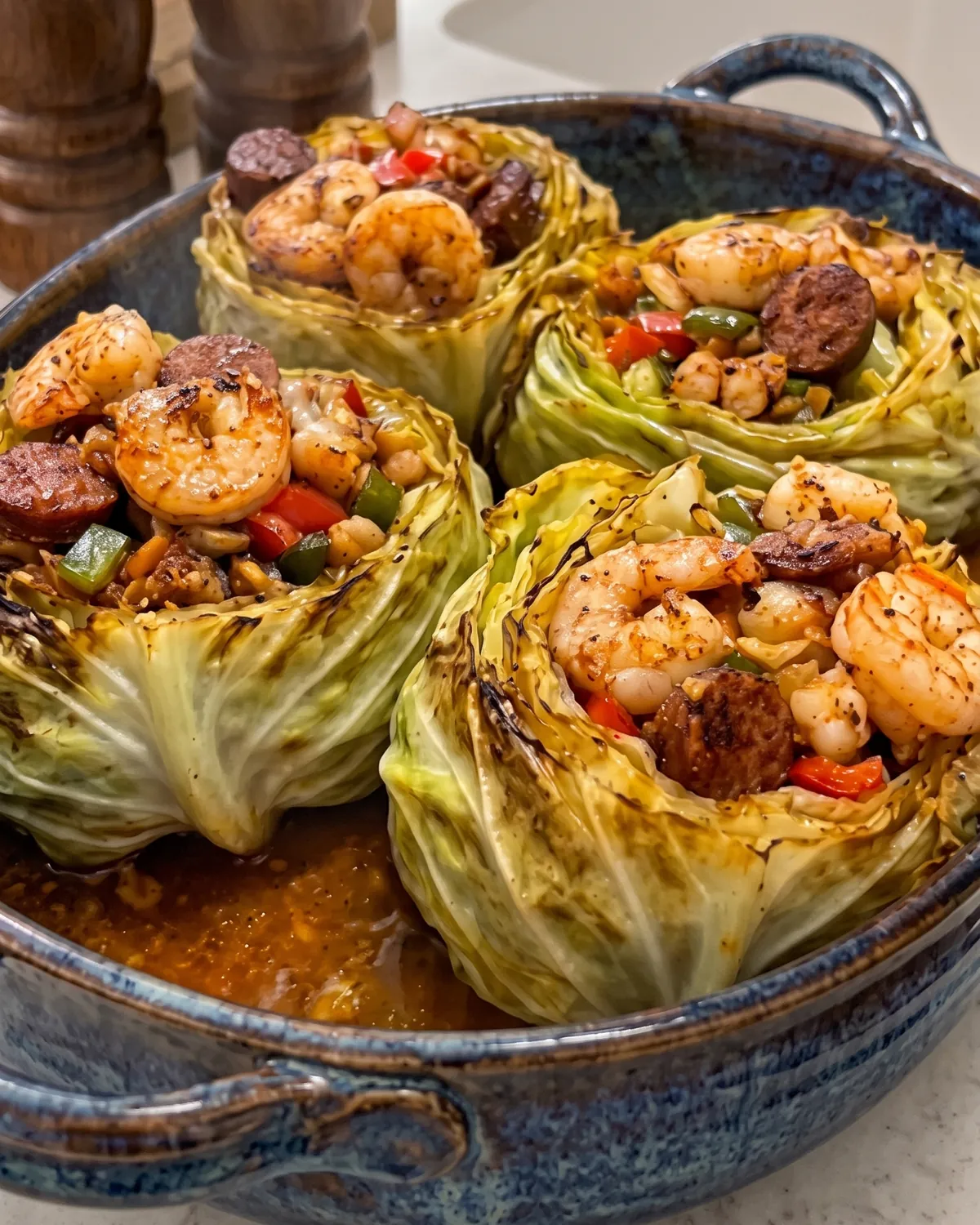 Loaded Cajun Shrimp & Sausage Stuffed Cabbage 3 Loaded Cajun shrimp and smoked sausage tucked into roasted cabbage cups in a blue baking dish