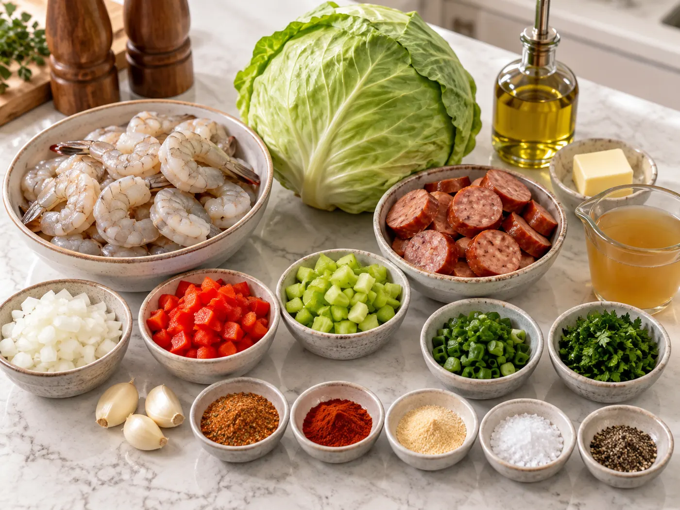 Loaded Cajun Shrimp & Sausage Stuffed Cabbage 1 Ingredients for Cajun shrimp and sausage stuffed cabbage arranged on a white marble countertop