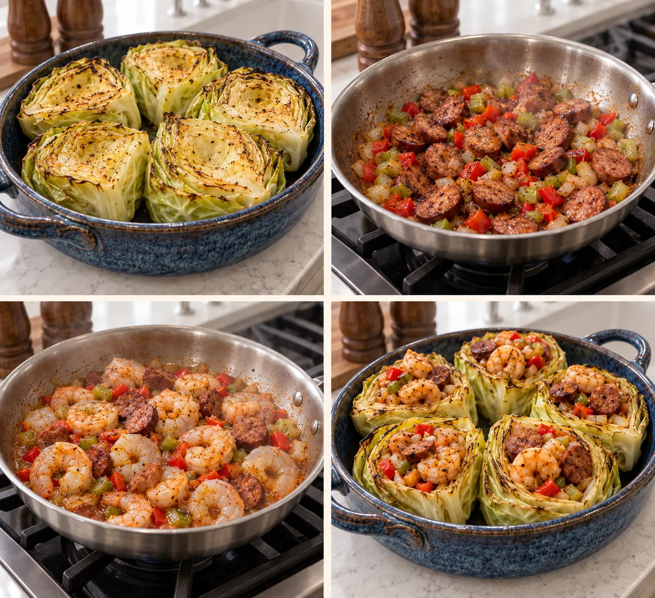 Loaded Cajun Shrimp & Sausage Stuffed Cabbage 2 Four steps showing roasted cabbage, browned sausage and vegetables, Cajun shrimp filling, and stuffed cabbage cups