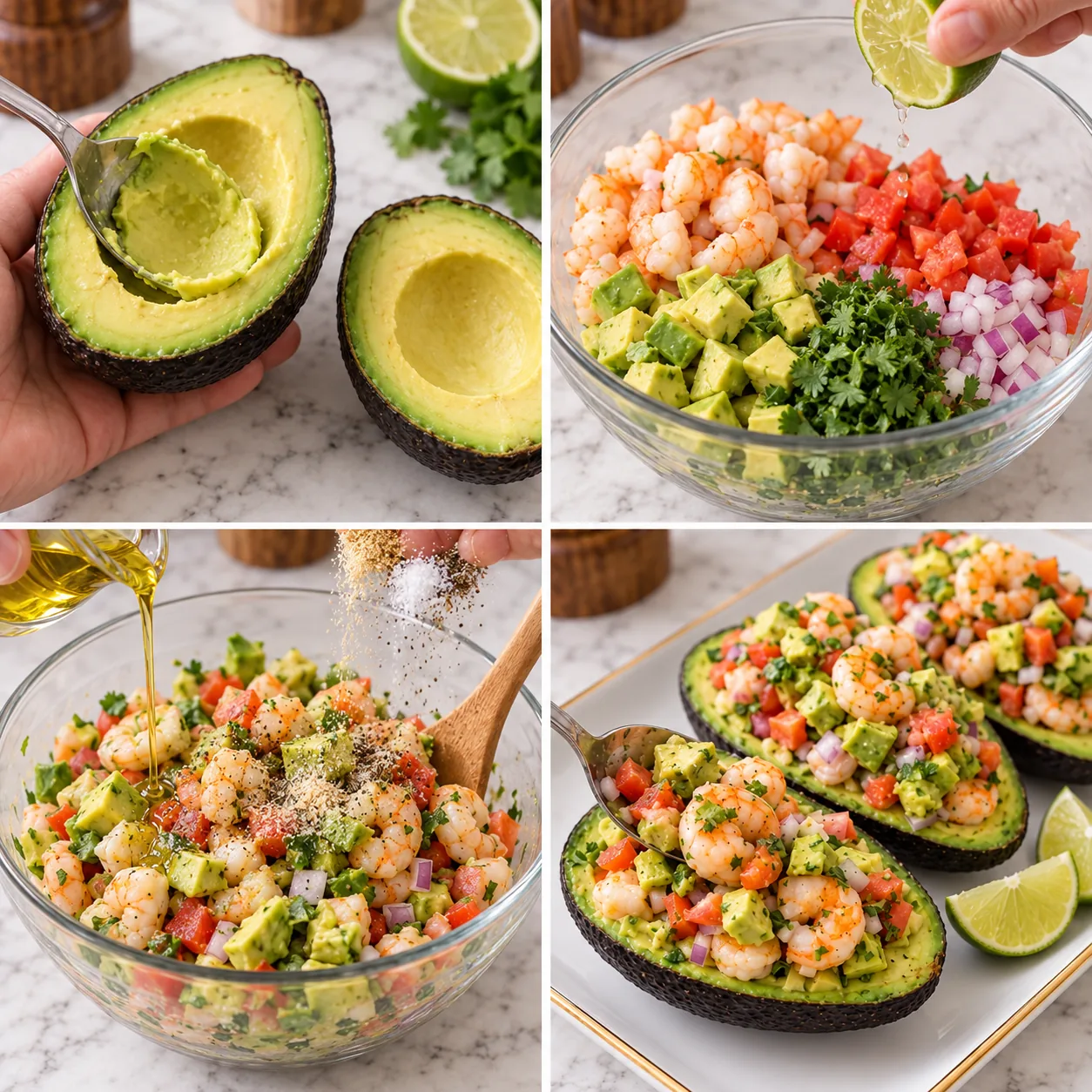 Shrimp Avocado Boats 2 Four cooking stages for shrimp avocado boats from scooping avocados to filling the finished boats