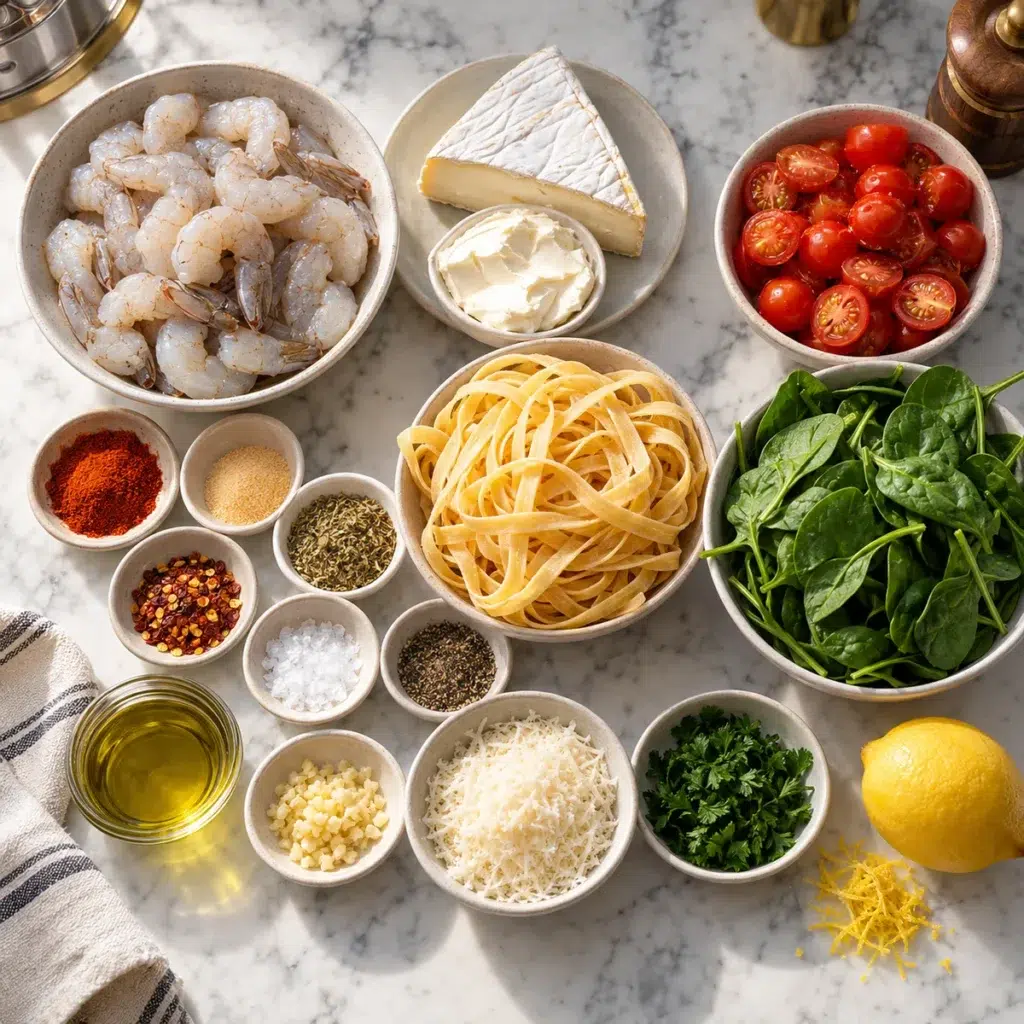Ingredients for Baked Brie Shrimp Fettuccine Raw shrimp, Brie, cream cheese, cherry tomatoes, fettuccine, spinach, seasonings, Parmesan, parsley, and lemon arranged on marble.