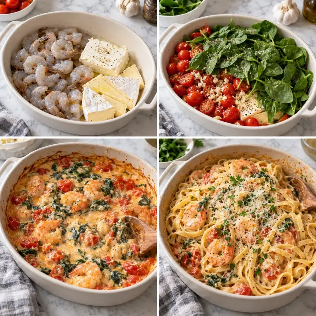 How to Make Baked Brie Shrimp Fettuccine Four steps for baked Brie shrimp fettuccine: layering shrimp, Brie, tomatoes, and spinach; baking until bubbly; stirring into a sauce; and tossing with fettuccine.