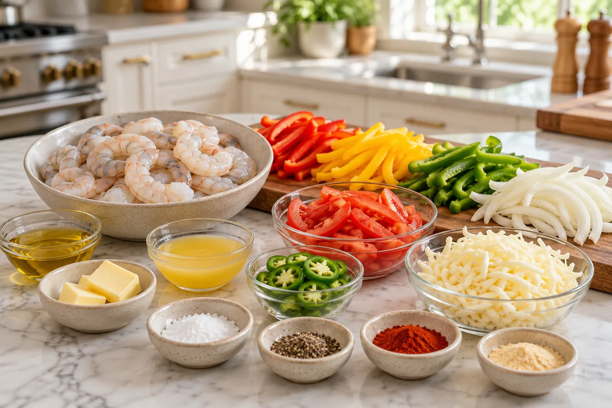 Cheesy Baked Shrimp & Peppers 1 Cheesy baked shrimp and peppers ingredients with raw shrimp, sliced peppers, onion, tomatoes, jalapeño, seasonings, sour orange juice, butter, olive oil, and mozzarella