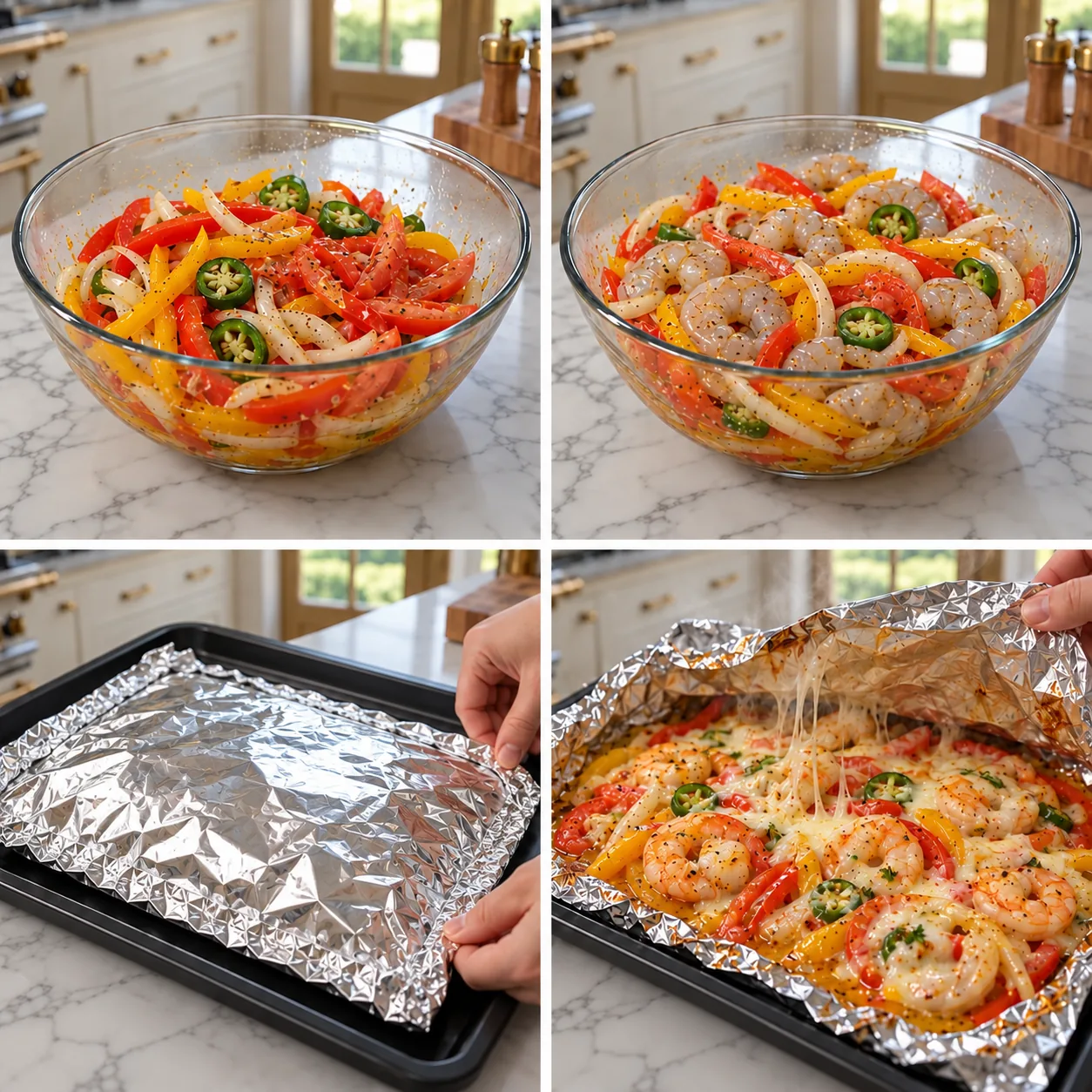 Cheesy Baked Shrimp & Peppers 2 Four steps for cheesy baked shrimp and peppers: seasoning vegetables, adding raw shrimp, sealing the foil parcel, and opening it after baking