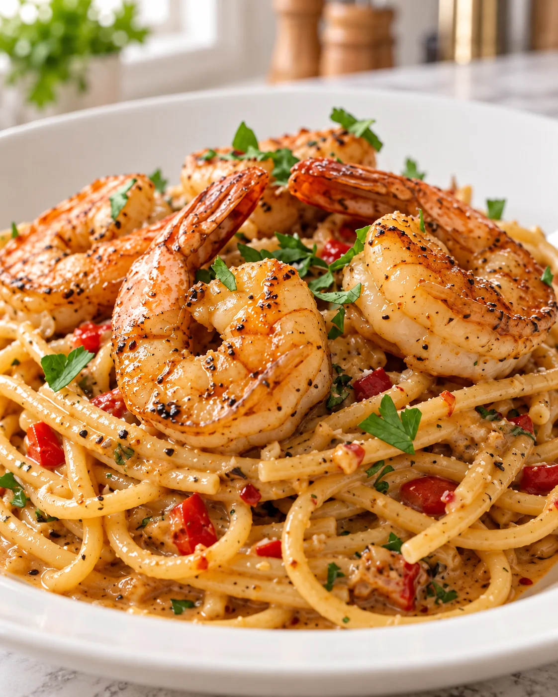 20-Minute Creamy Cajun Shrimp Pasta 1 Creamy Cajun shrimp pasta with seared shrimp, red bell pepper, and herbs in a white bowl