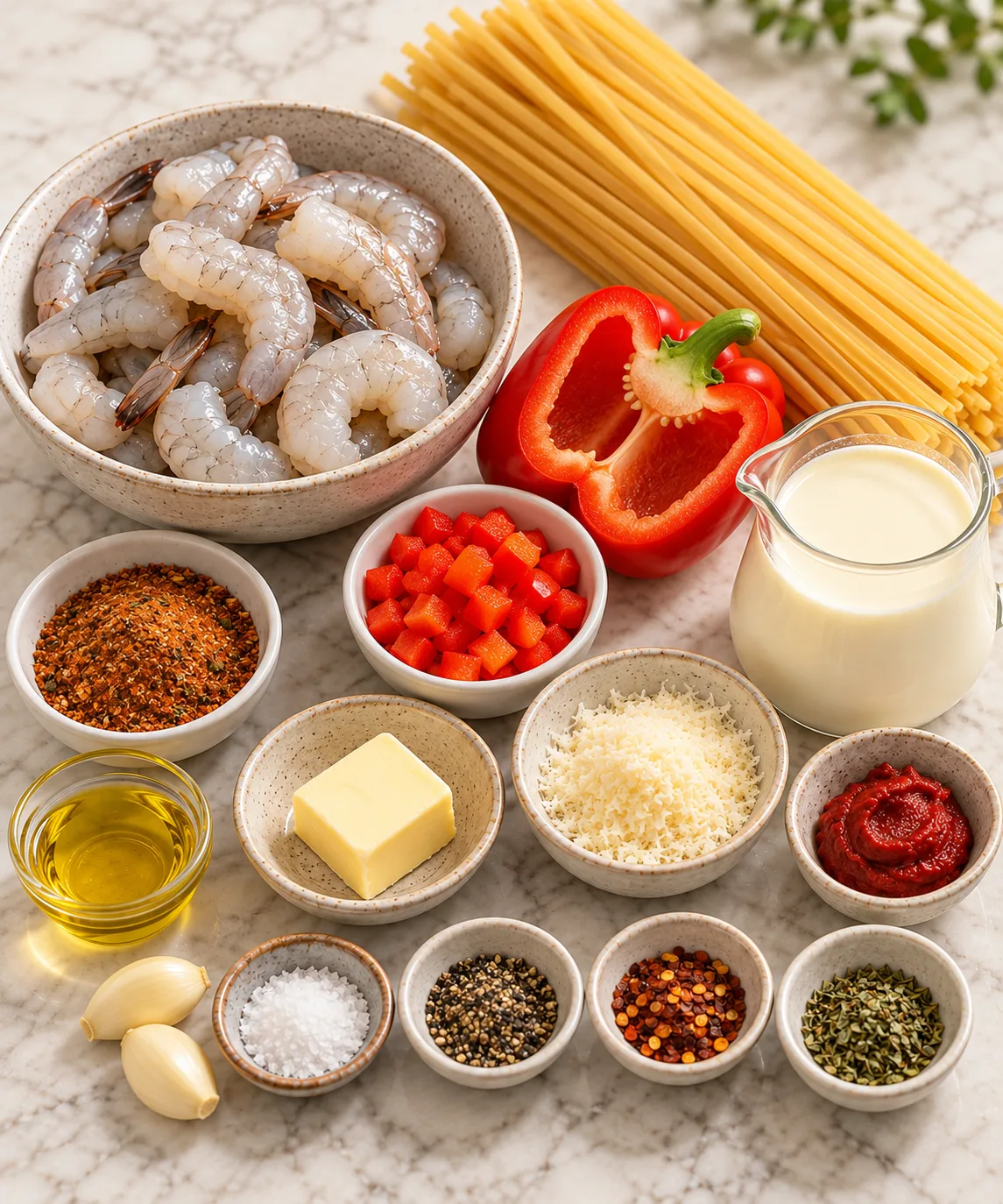Creamy Cajun Shrimp Pasta Ingredients Shrimp, pasta, bell pepper, garlic, cream, Parmesan, Cajun seasoning, butter, olive oil, and seasonings arranged on a marble counter
