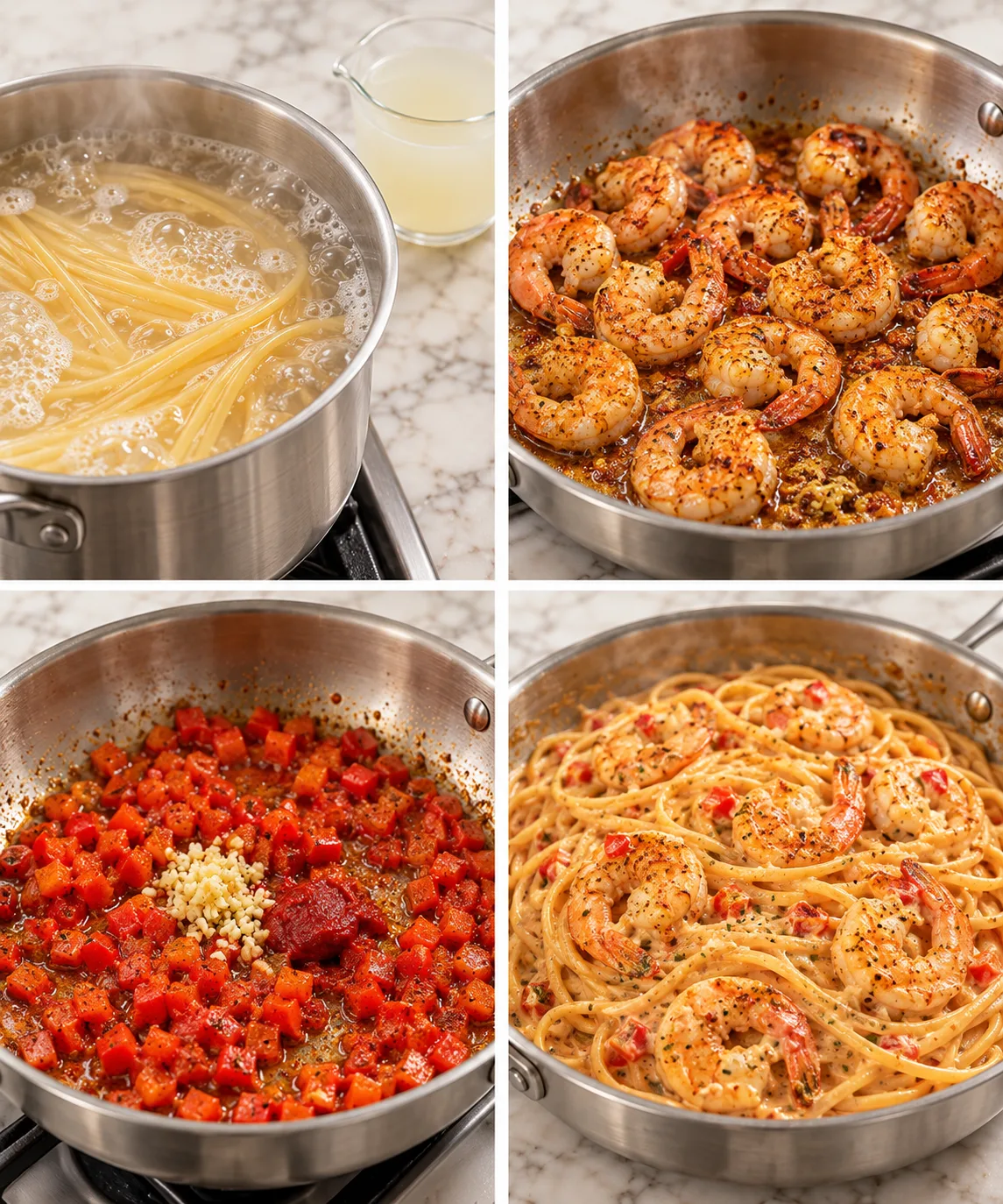 How to Make Creamy Cajun Shrimp Pasta Four stages of creamy Cajun shrimp pasta showing boiling pasta, seared shrimp, sautéed bell pepper, and the finished creamy skillet