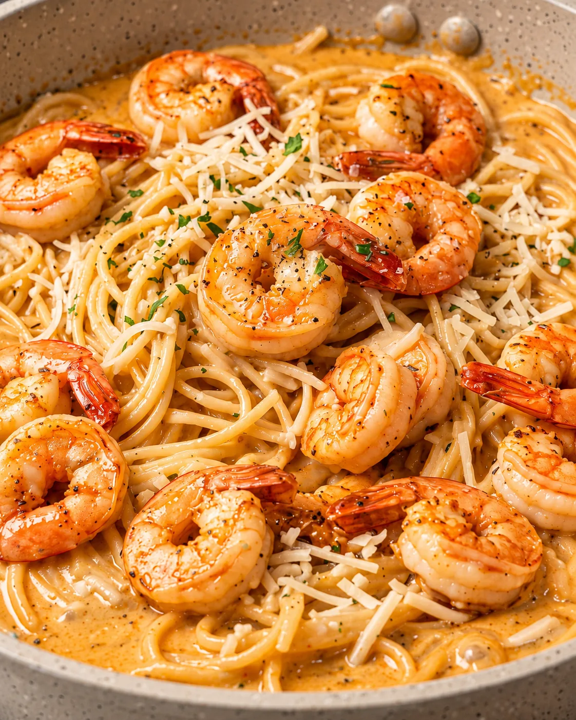 Creamy Chipotle Shrimp Angel Hair 3 Creamy chipotle shrimp angel hair with Parmesan in a skillet