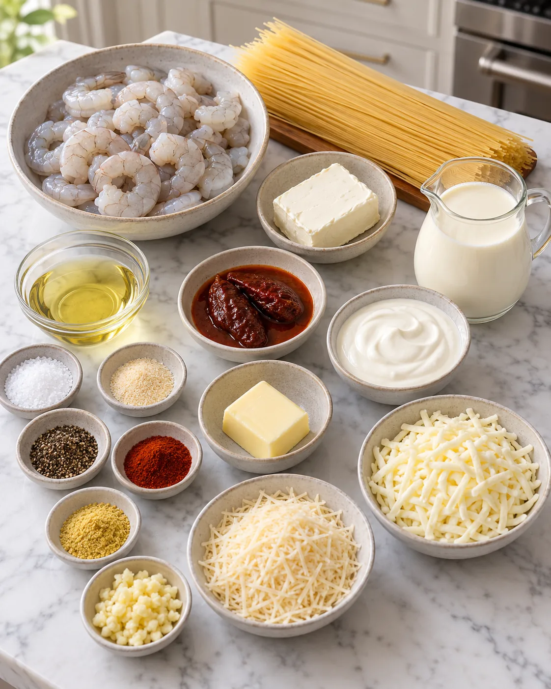 Creamy Chipotle Shrimp Angel Hair 1 Ingredients for creamy chipotle shrimp angel hair arranged on a white marble counter