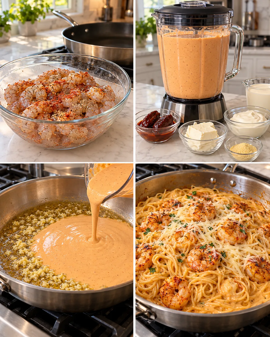 Creamy Chipotle Shrimp Angel Hair 2 Four cooking stages for creamy chipotle shrimp angel hair, from seasoned shrimp to finished pasta