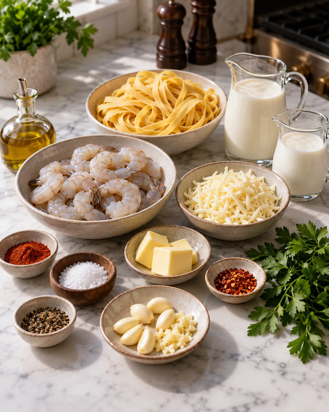 Creamy Garlic Shrimp Fettuccine Alfredo 1 Raw shrimp, fettuccine, dairy, garlic, seasonings, and parsley for shrimp Alfredo