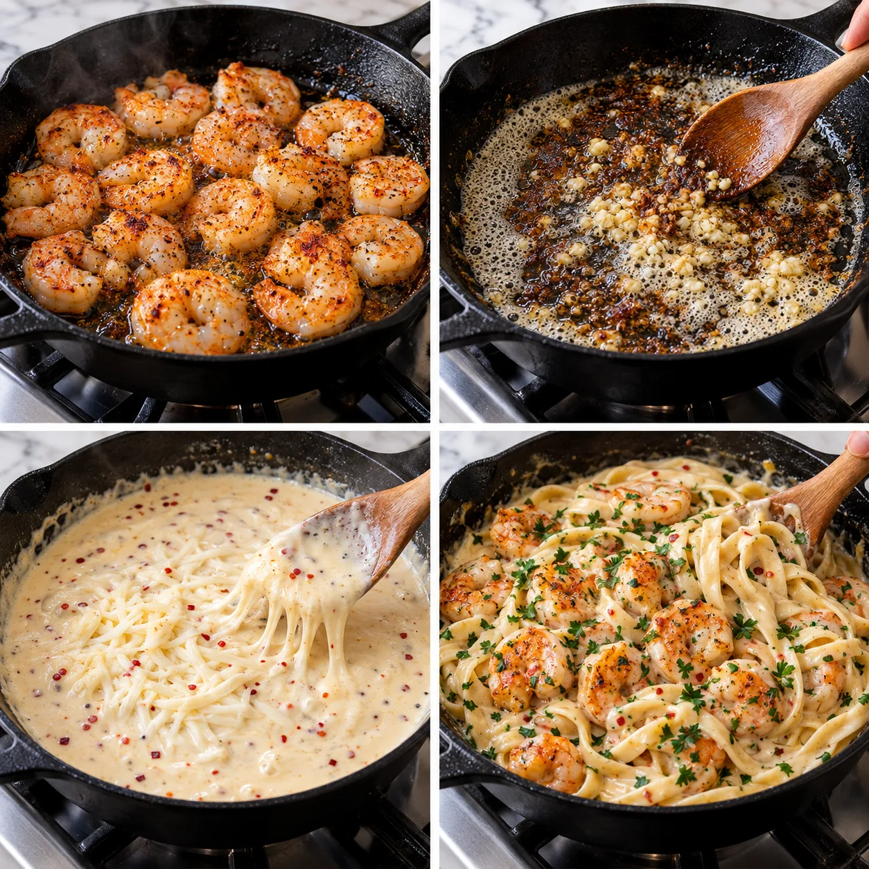 Creamy Garlic Shrimp Fettuccine Alfredo 2 Four steps for searing shrimp and making creamy garlic fettuccine Alfredo