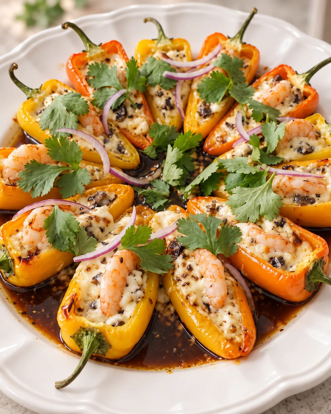 Creamy Shrimp-Stuffed Caribe Chiles 3 Creamy shrimp-stuffed yellow Caribe chiles with red onion and cilantro