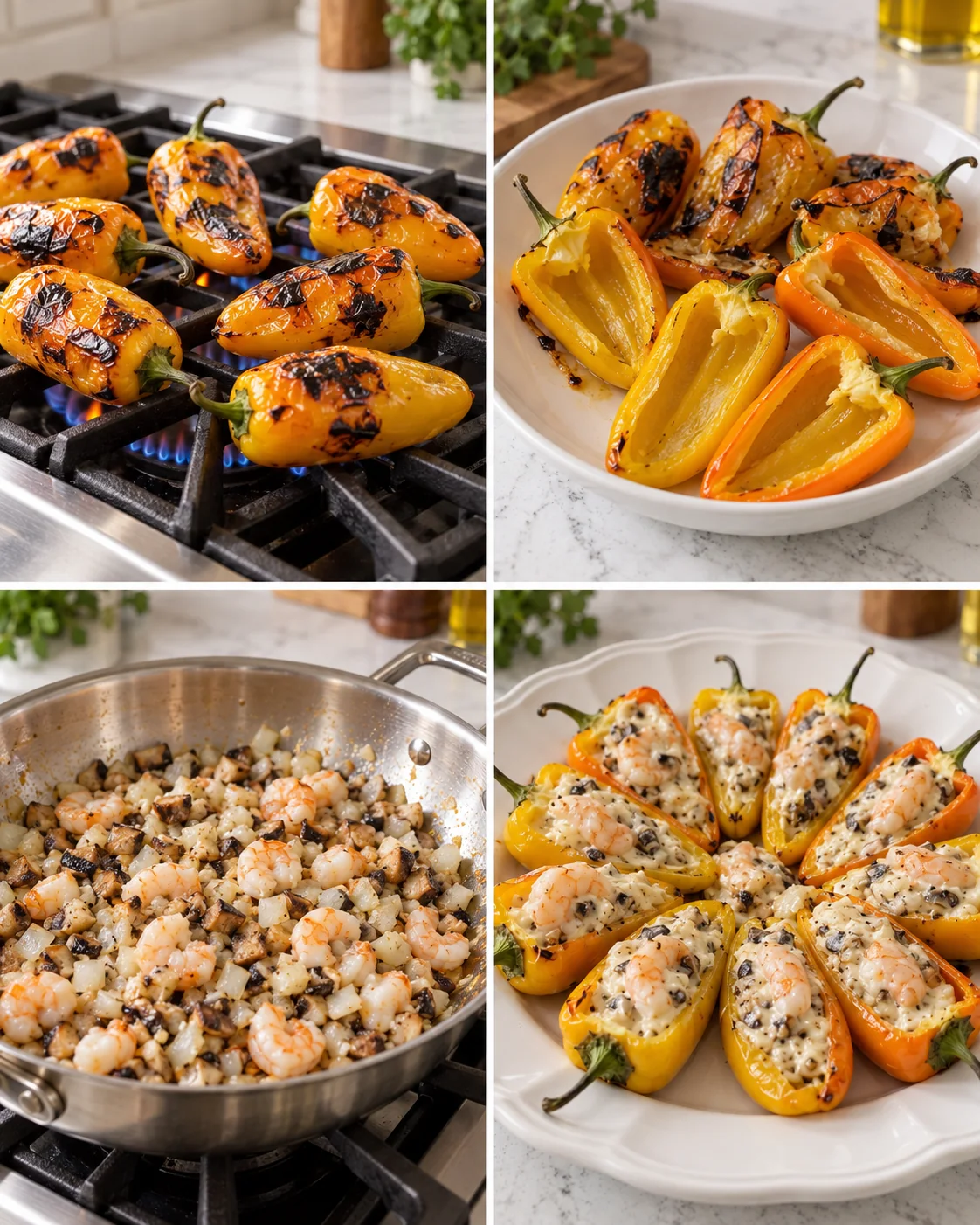 Creamy Shrimp-Stuffed Caribe Chiles 2 Four cooking stages for creamy shrimp-stuffed Caribe chiles