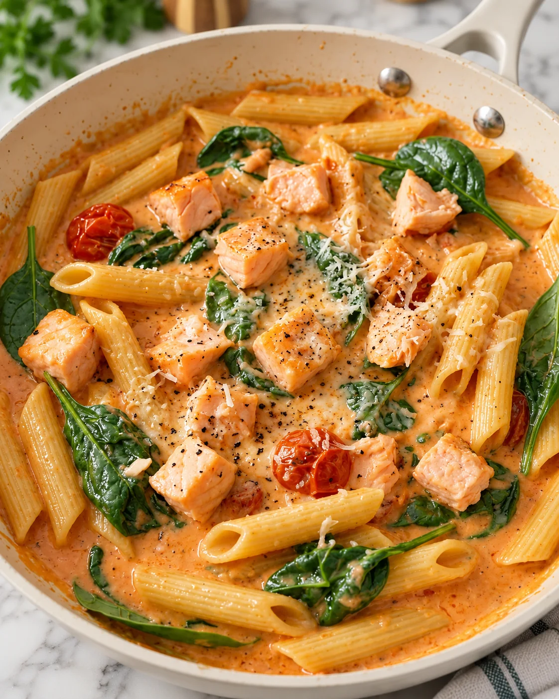 Creamy Tuscan Salmon Penne 3 Creamy Tuscan salmon penne with spinach and cherry tomatoes in a skillet