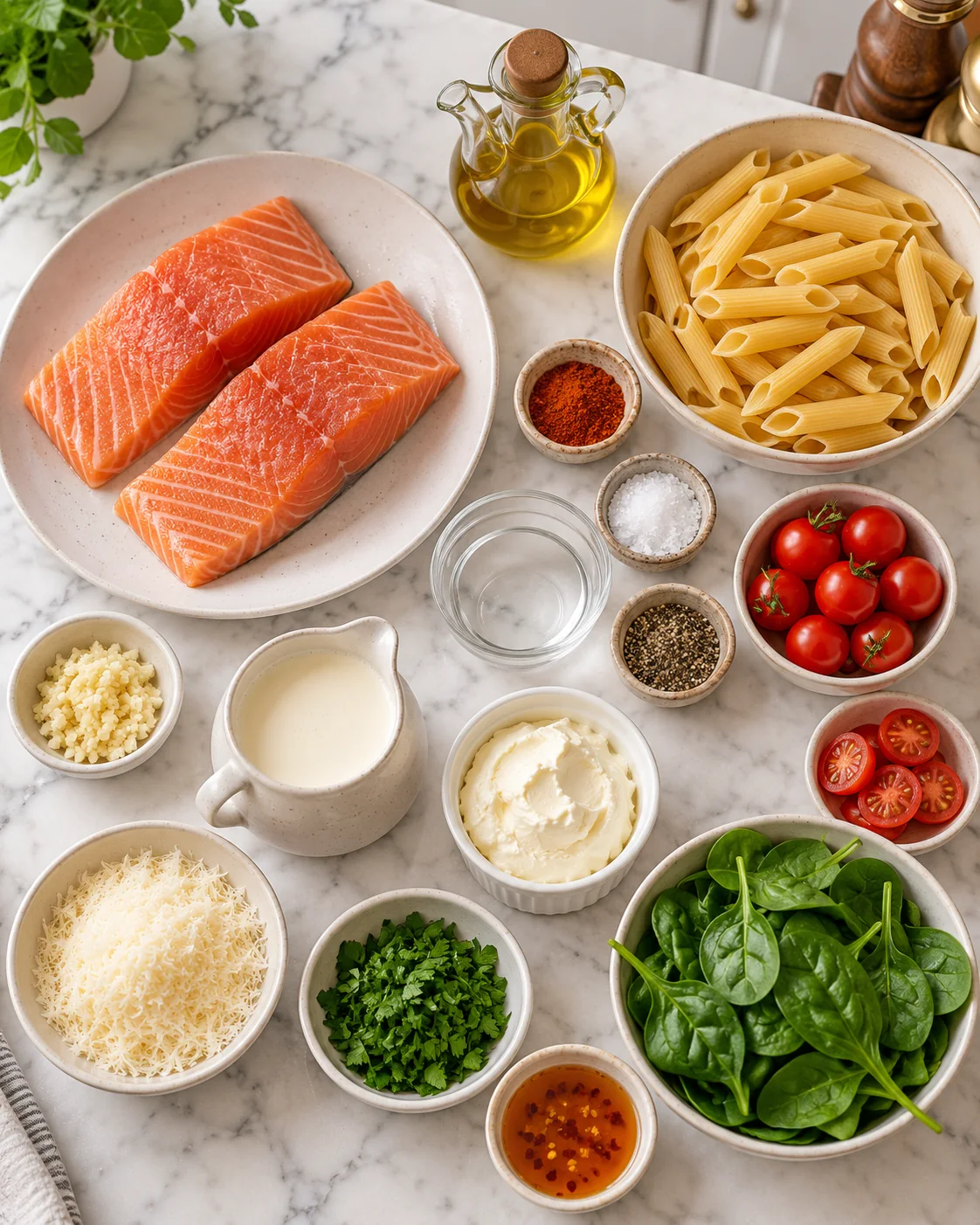 Creamy Tuscan Salmon Penne 1 Ingredients for creamy Tuscan salmon penne arranged on a white marble counter