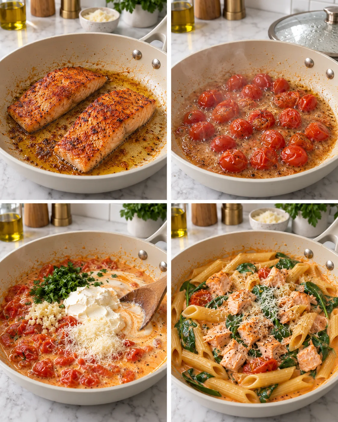 Creamy Tuscan Salmon Penne 2 Four cooking stages for creamy Tuscan salmon penne