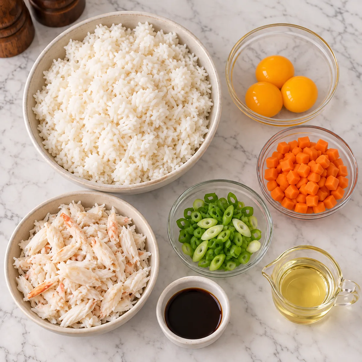 Easy Crab Egg Fried Rice 1 Ingredients for easy crab egg fried rice: cold rice, egg yolks, carrots, scallions, shredded crab, dark seasoning sauce, and oil