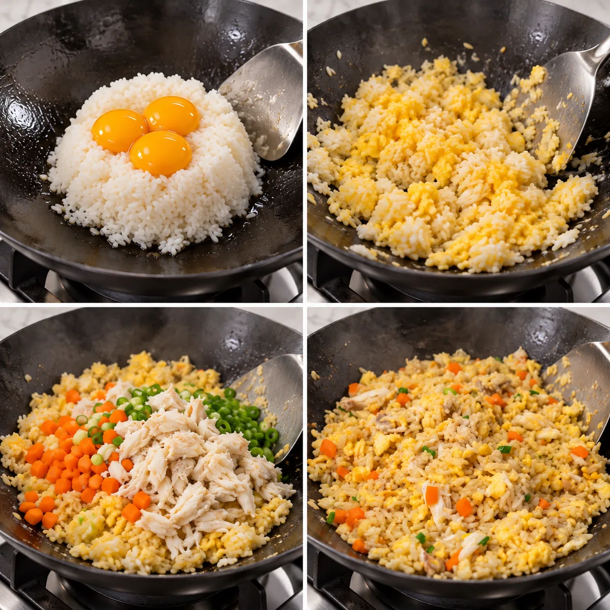 Easy Crab Egg Fried Rice 2 Four cooking steps showing egg yolks over rice, yolks folded through the rice, crab with carrots and scallions added, and finished crab fried rice