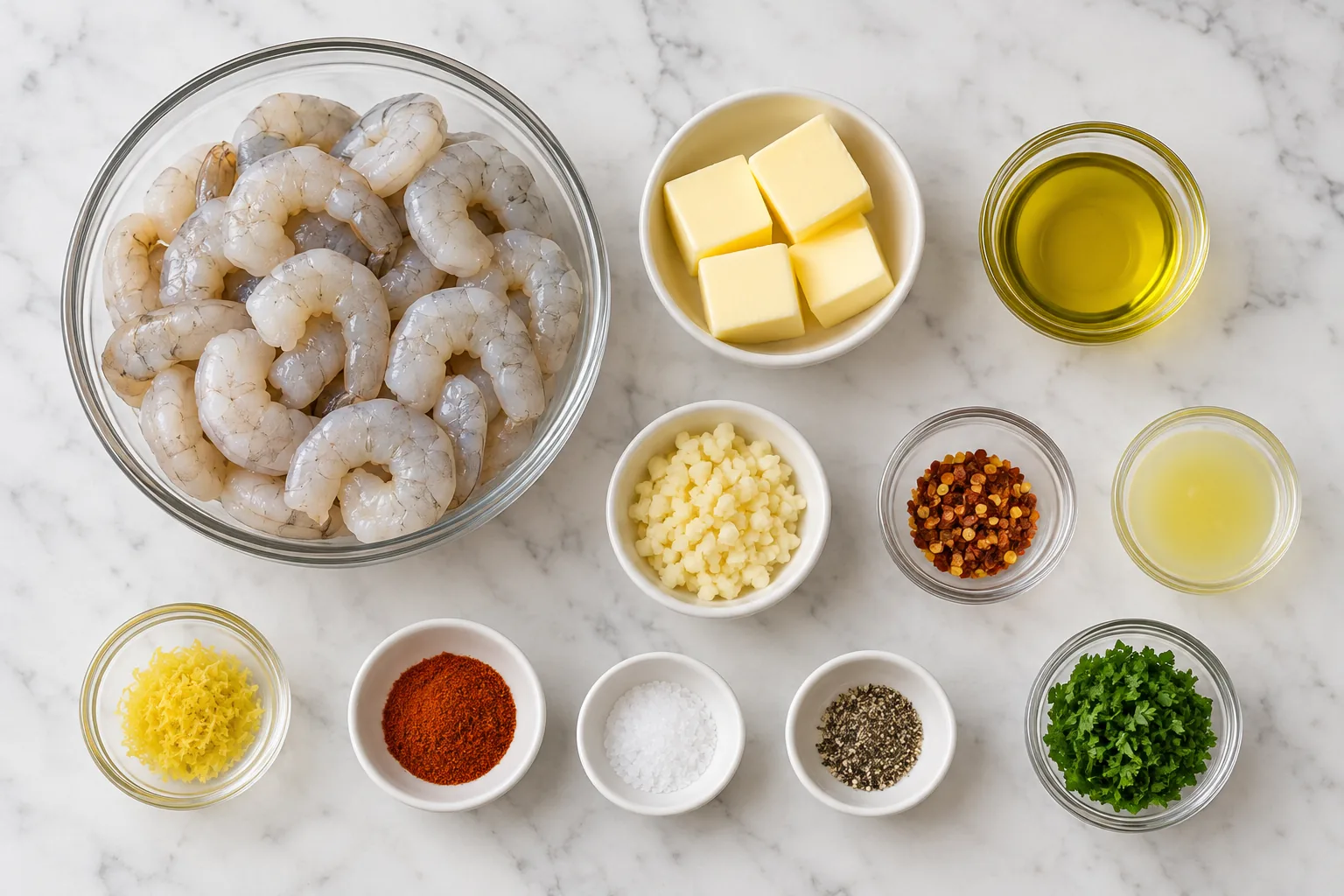 Garlic Butter Shrimp Seafood Skillet 1 Garlic butter shrimp skillet ingredients arranged overhead on white marble, including shrimp, butter, garlic, lemon, parsley, and seasonings
