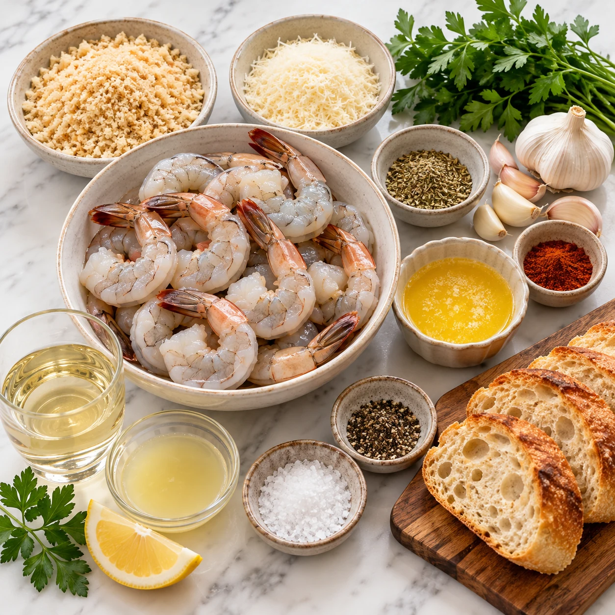 Crispy Garlic Butter Shrimp Scampi Bake 1 Ingredients for garlic butter shrimp scampi bake arranged with shrimp, panko, Parmesan, garlic, herbs, butter, wine, lemon, and baguette