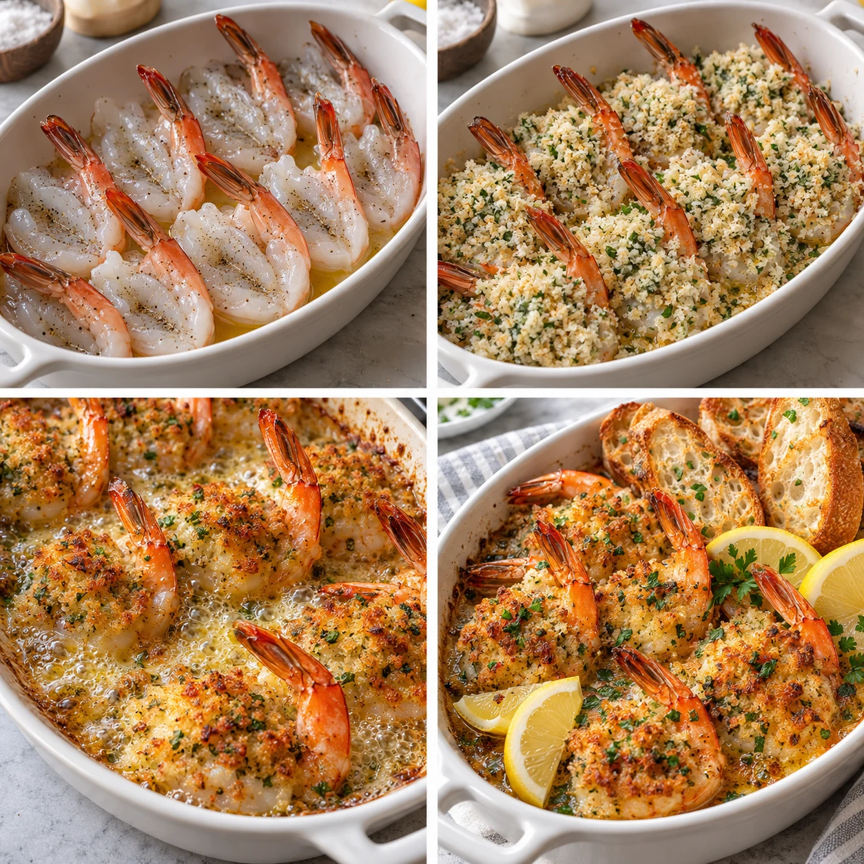 Crispy Garlic Butter Shrimp Scampi Bake 2 Four recipe stages showing butterflied shrimp, Parmesan-panko crumbs, visibly bubbling garlic butter, and finished shrimp with toasted baguette