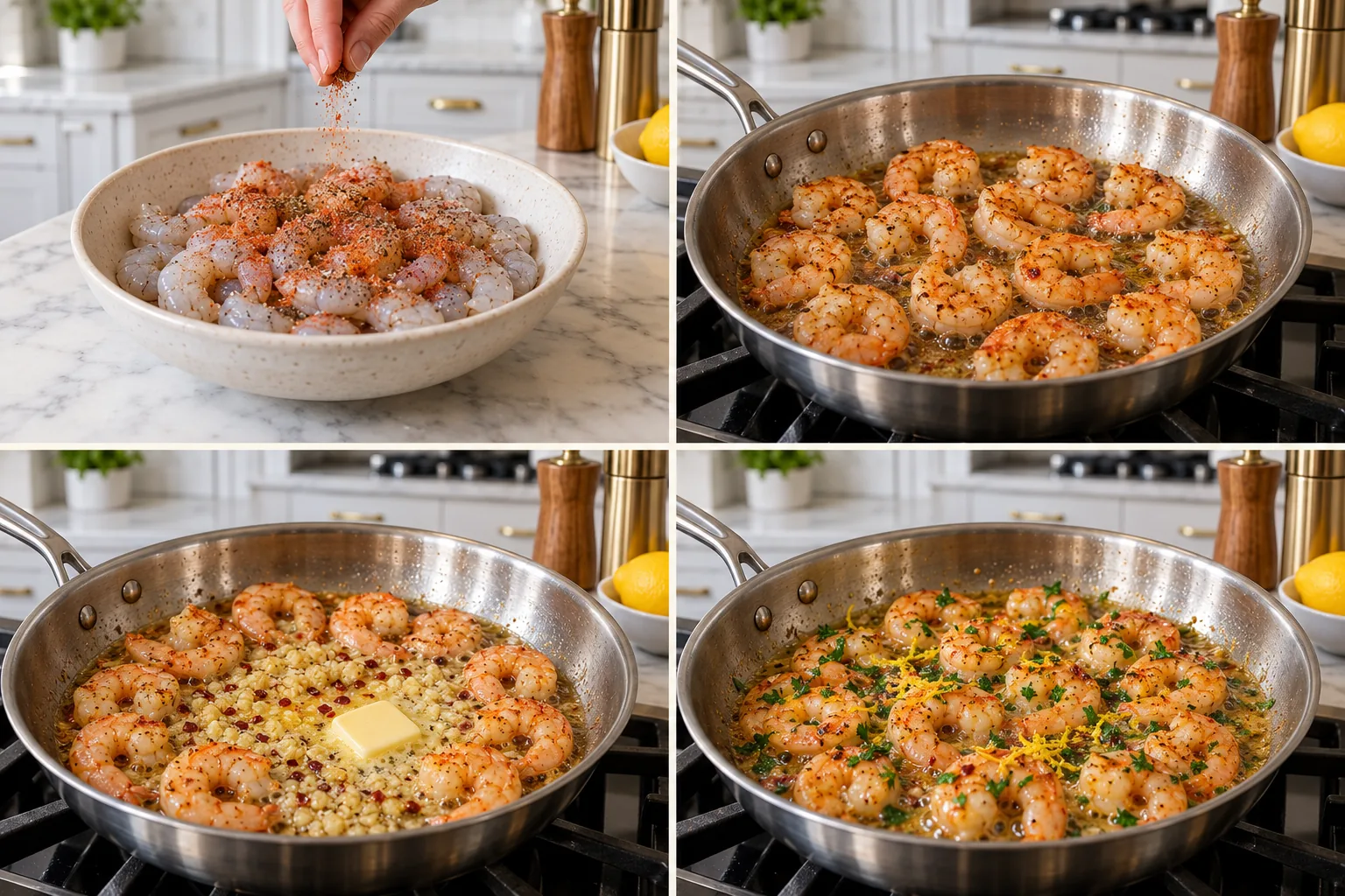 Garlic Butter Shrimp Seafood Skillet 2 Four cooking steps showing seasoned shrimp, skillet searing, garlic butter sauce, and finished lemon parsley shrimp